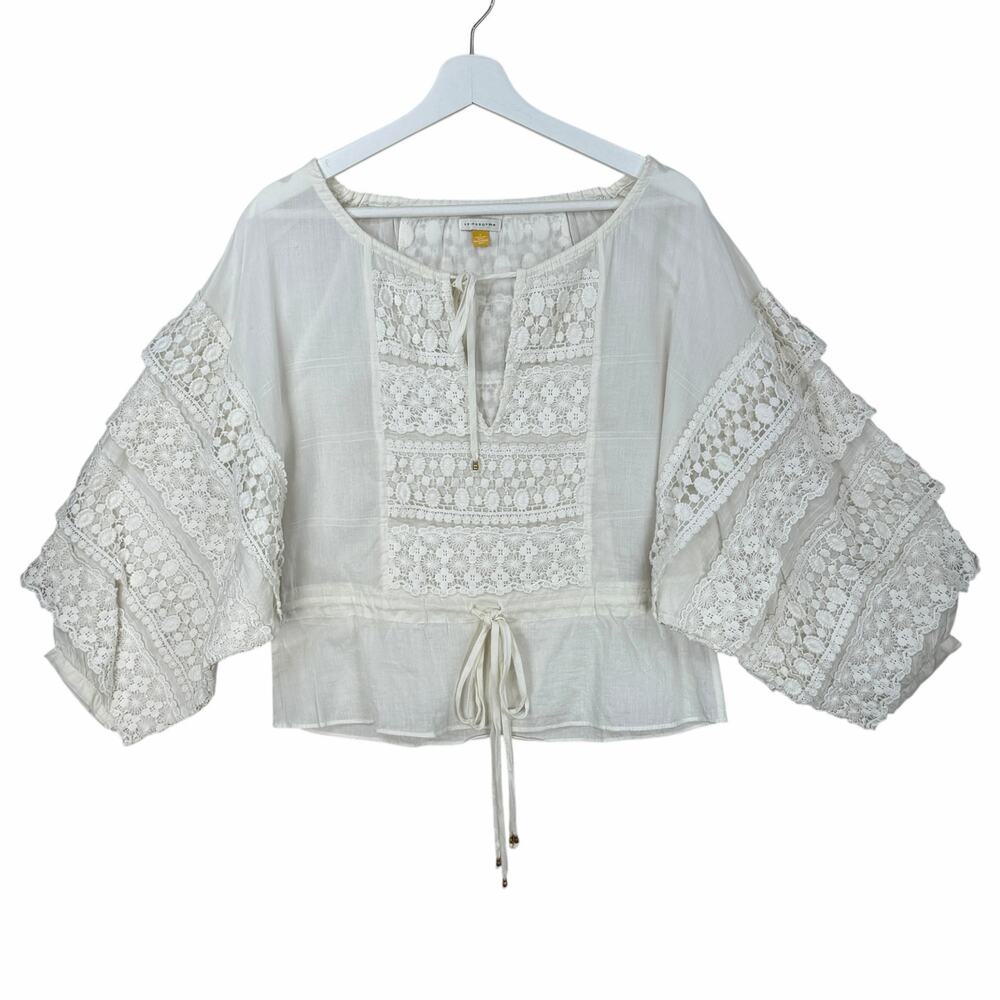 Leifsdottir Peasant Blouse Top Womens Sz 2 White Lace Boho Cottagecore Romantic